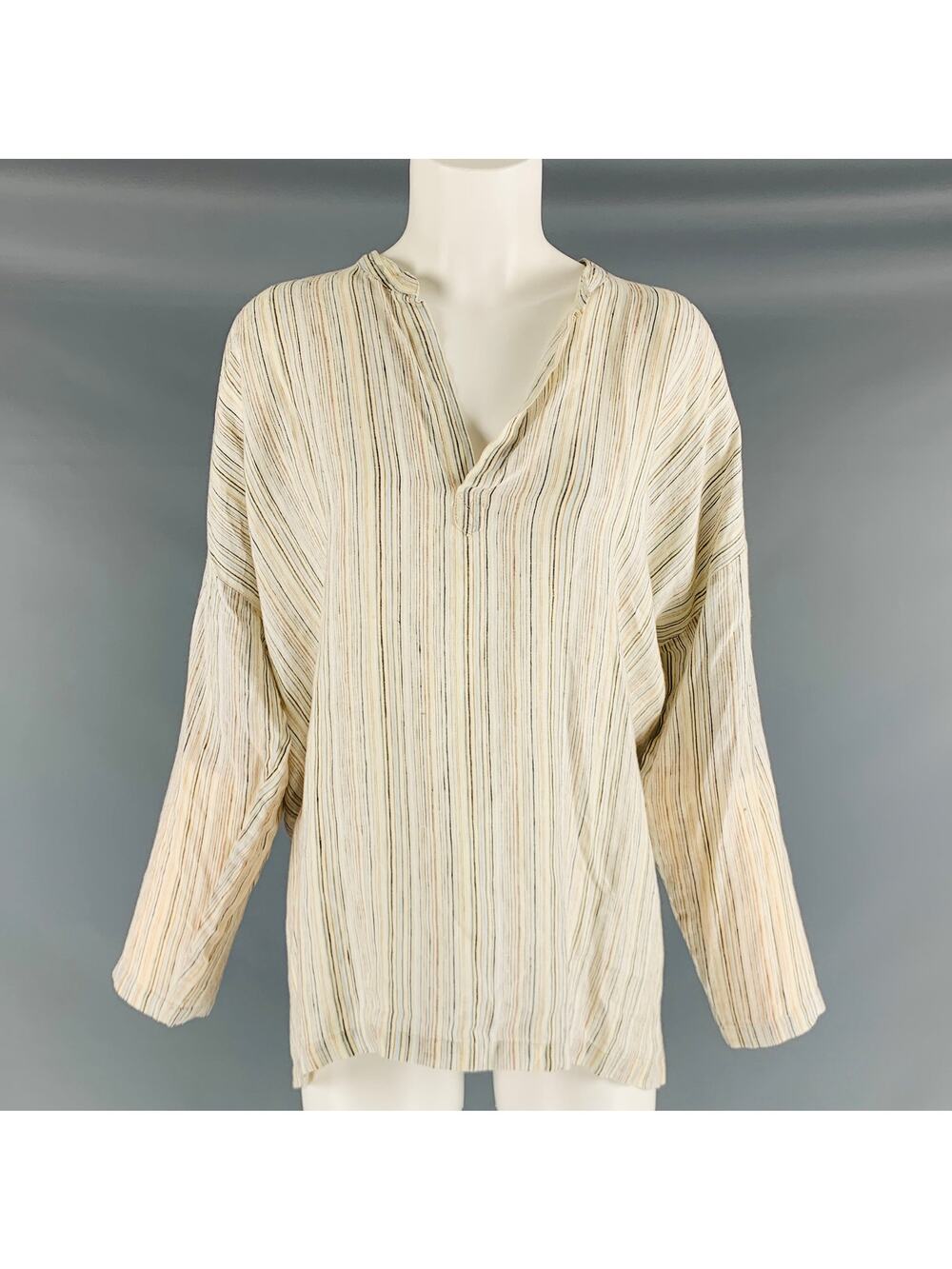 ESKANDAR Size 0 White Blue Linen Stripe Long placket Casual Top